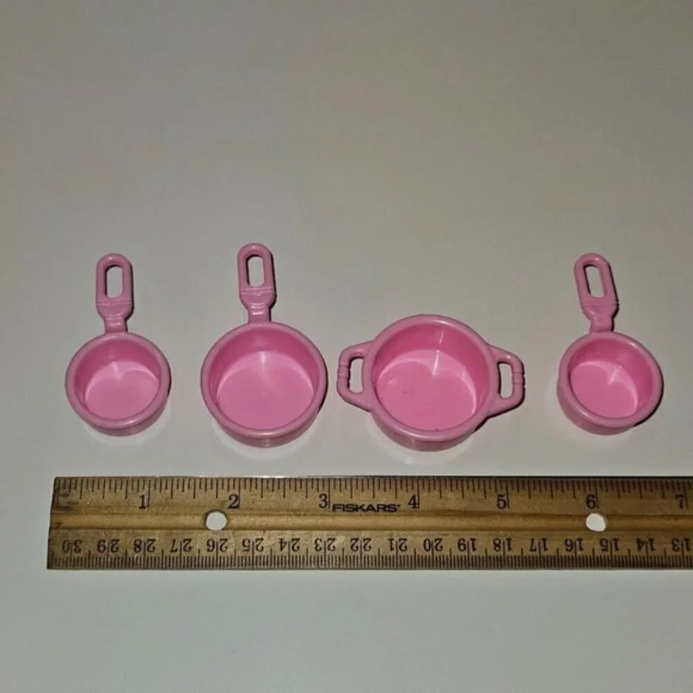 12 VTG Barbie Lot Pink Dishes Pans Cups Flower Vase Kitchen Accessories